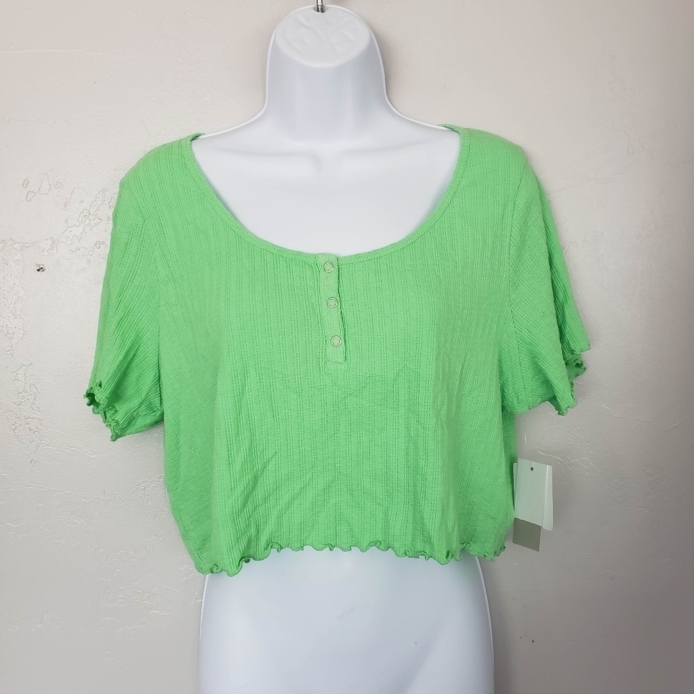 BP. NWT Women's 1X Neon Green Short Sleeve Crop Top Henley Shirt Lettuce Hem Y2K